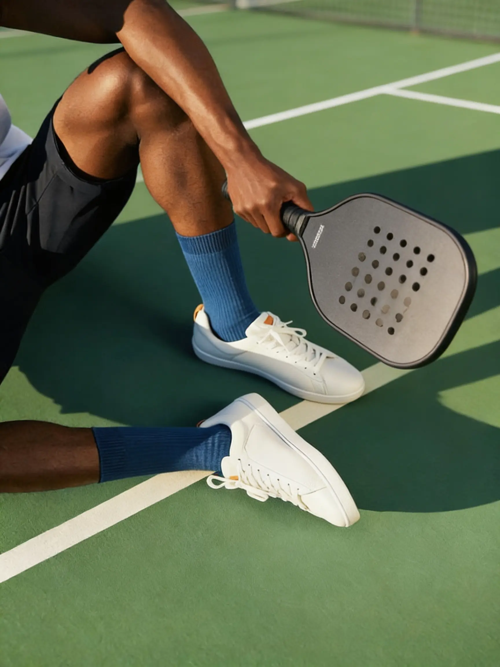 The man sitting on the tennis court